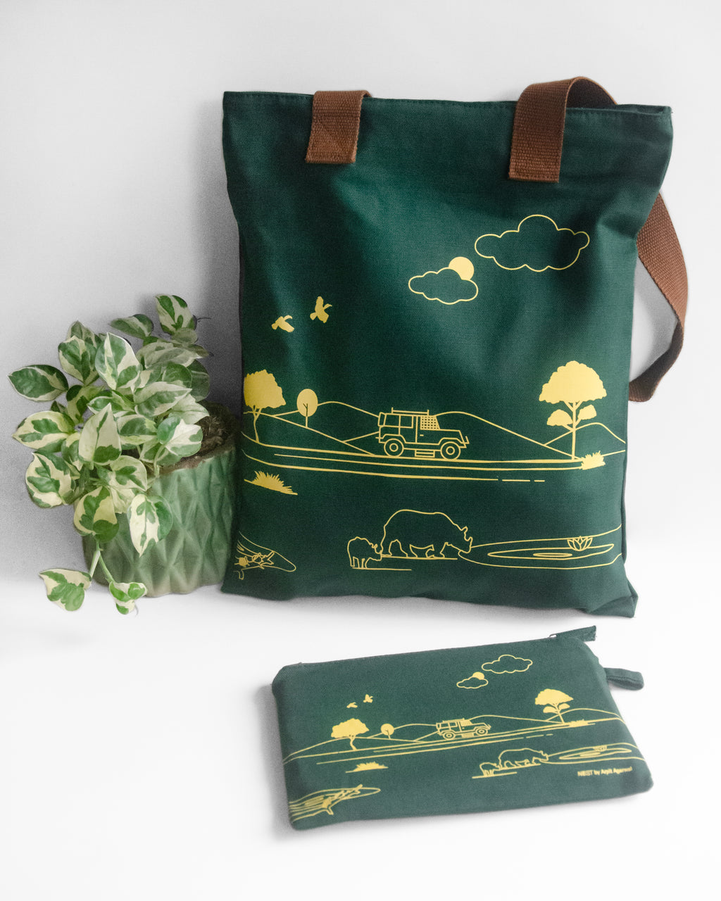 Assam's Kaziranga Forest Green Canvas with Yellow Print Utility Pouch