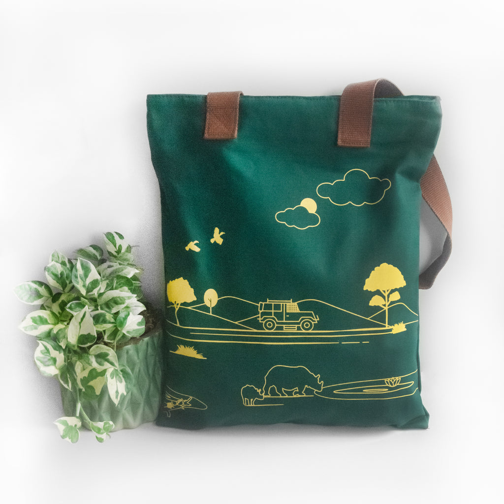 Assam's Kaziranga Forest Green Canvas with Yellow Print Tote Bag