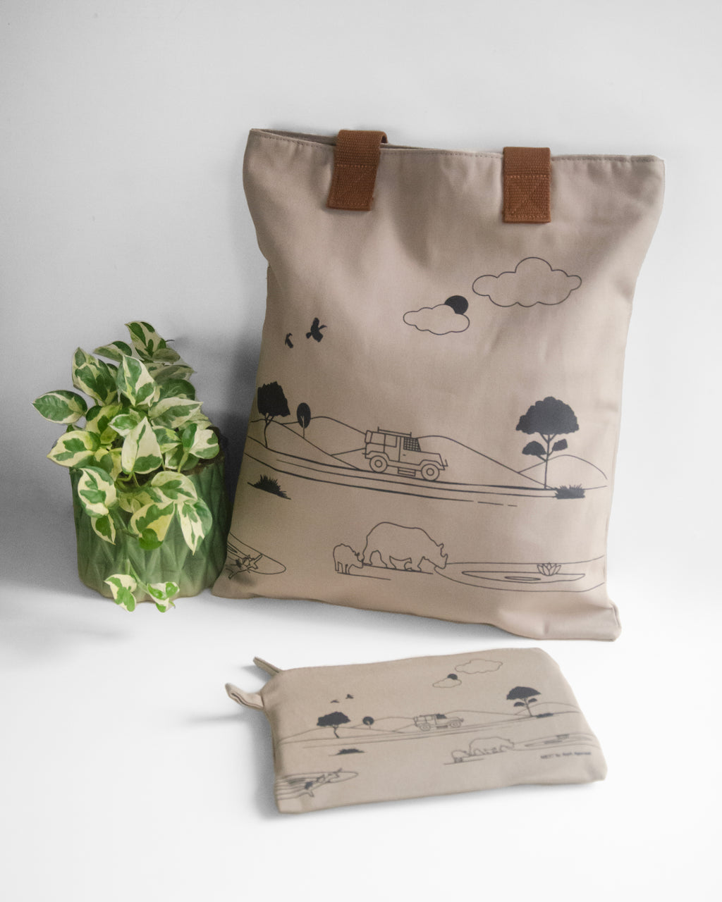 Assam's Kaziranga Light Brown Canvas with Black Print Utility Pouch