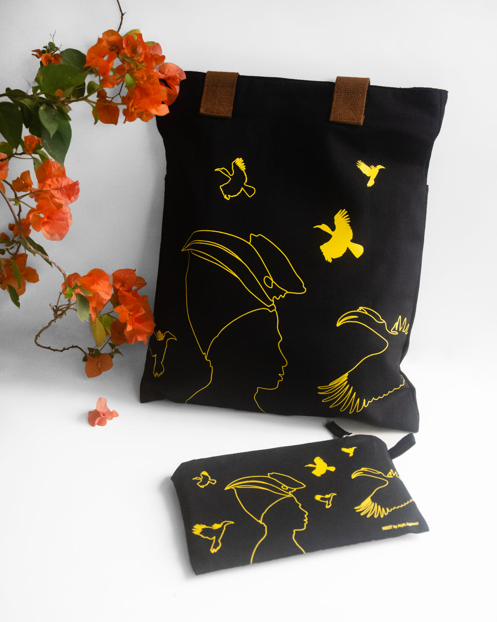 Nagaland's Hornbill Black Canvas with Yellow Print Utility Pouch