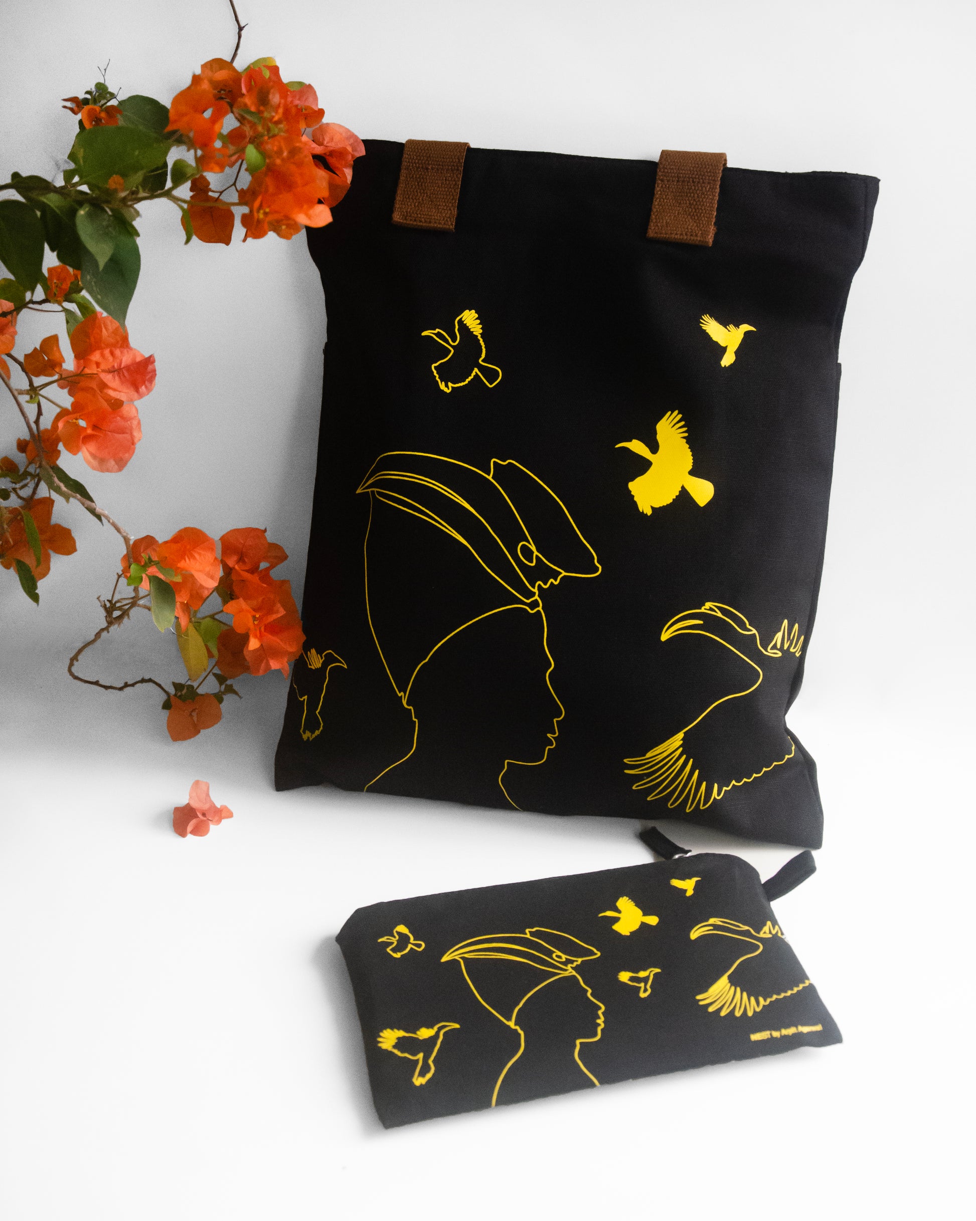 Nagaland's Hornbill Black Canvas with Yellow Print Utility Pouch