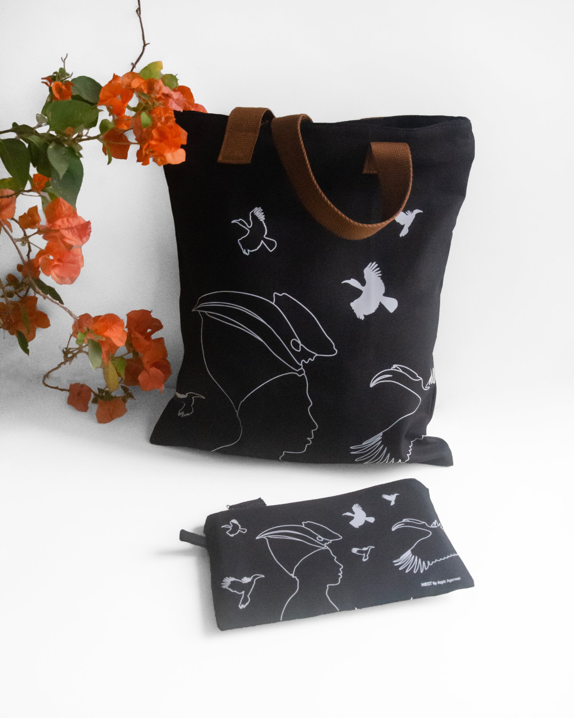 Nagaland's Hornbill Black Canvas with Grey Print Utility Pouch