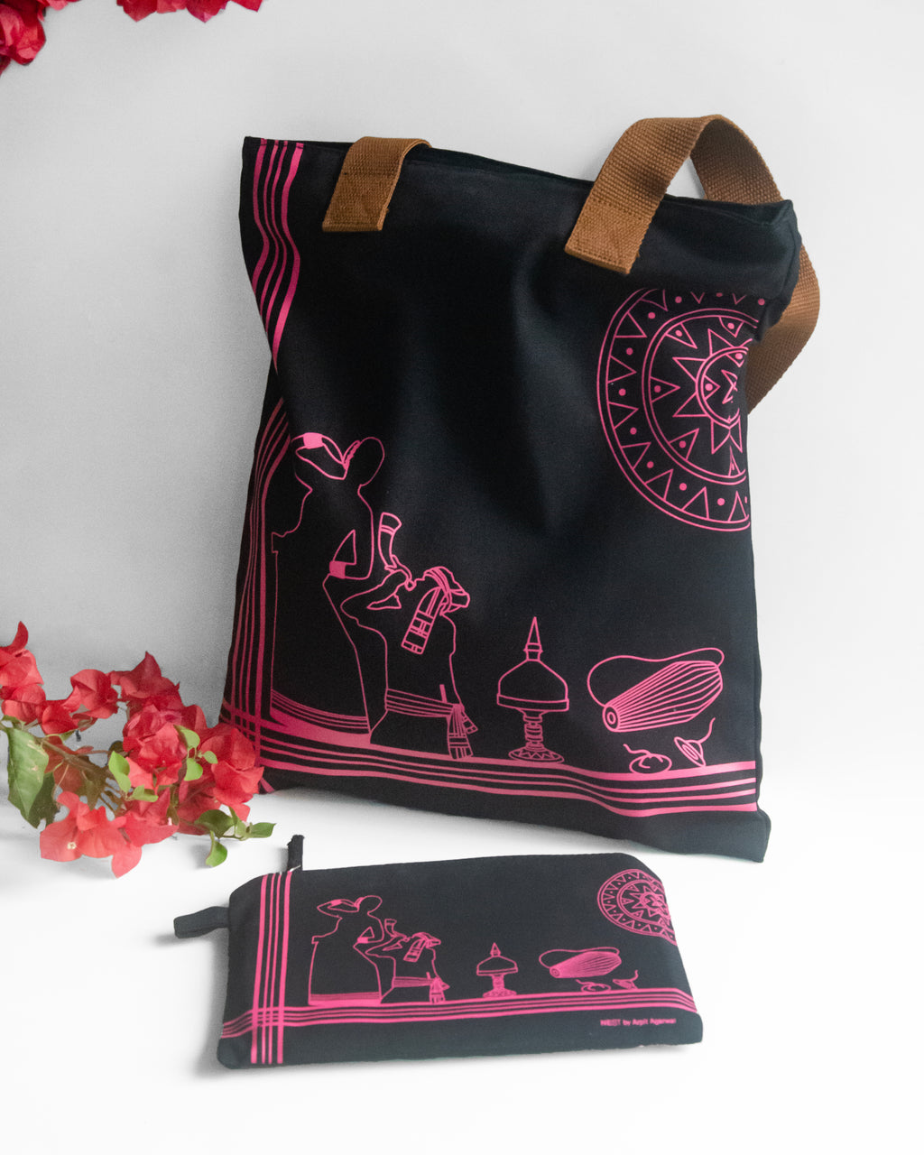 Assam's Iconic Symbols Black Canvas with Pink Print Utility Pouch