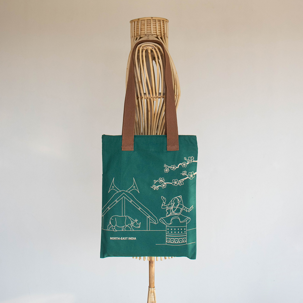 North-East India's Iconic Symbols Forest Green Canvas Tote Bag