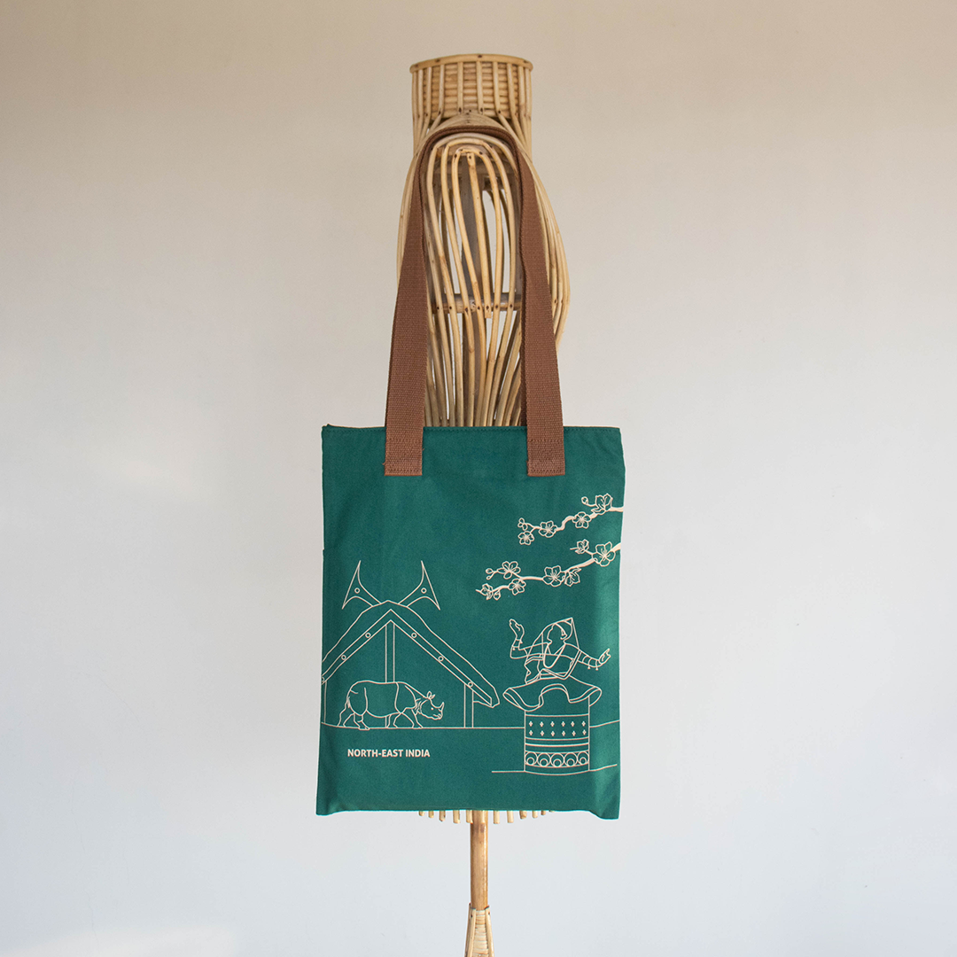 North-East India's Iconic Symbols Forest Green Canvas Tote Bag