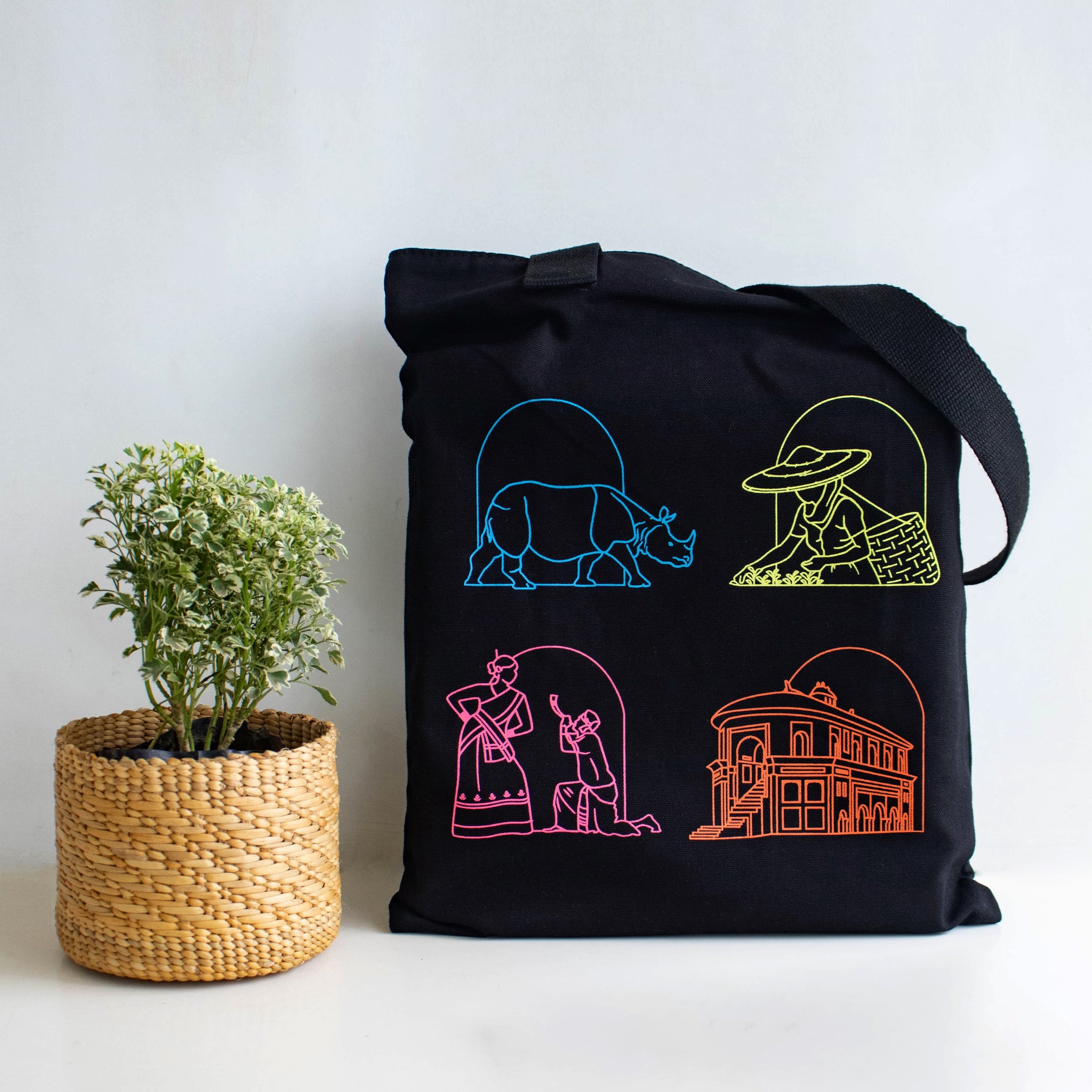 Assam's Iconic Symbols Black Canvas Tote Bag