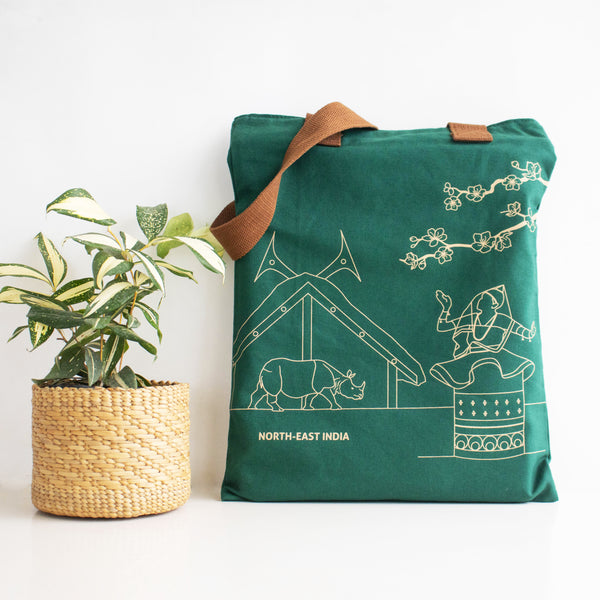 North-East India's Iconic Symbols Forest Green Canvas Tote Bag