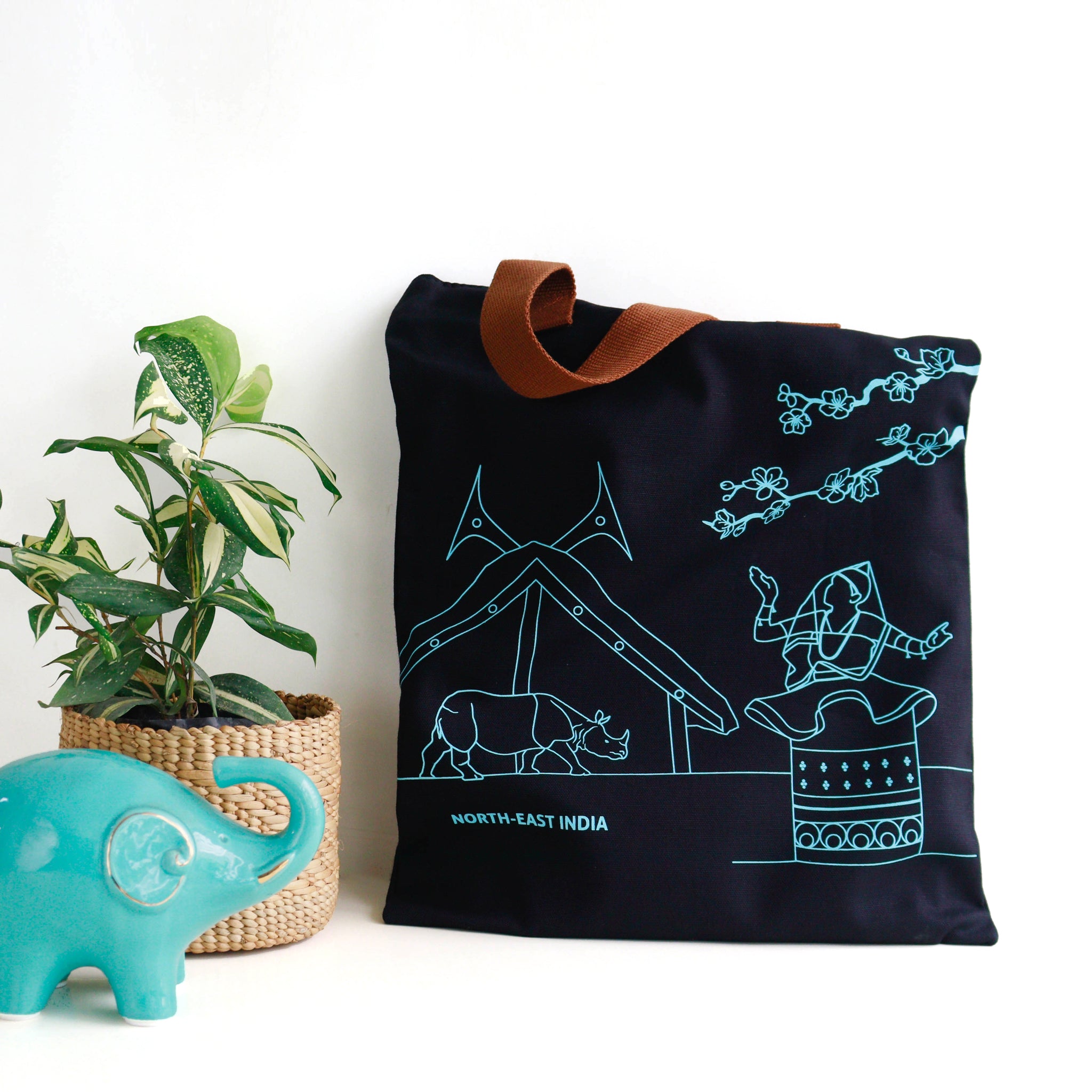 North-East India's Iconic Symbols Navy Canvas Tote Bag