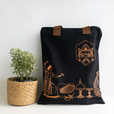 Assam's Popular Symbols Black Canvas with Orange Tote Bag