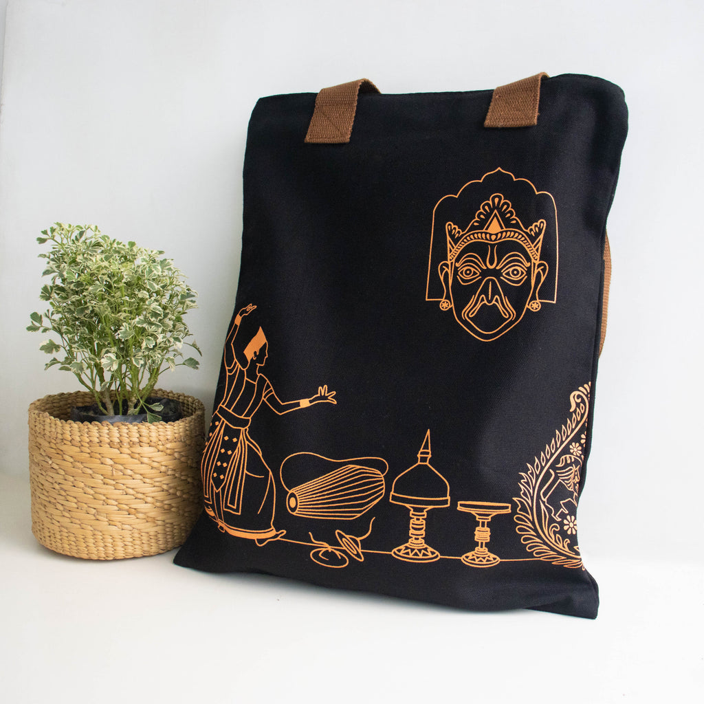 Assam's Popular Symbols Black Canvas with Orange Tote Bag