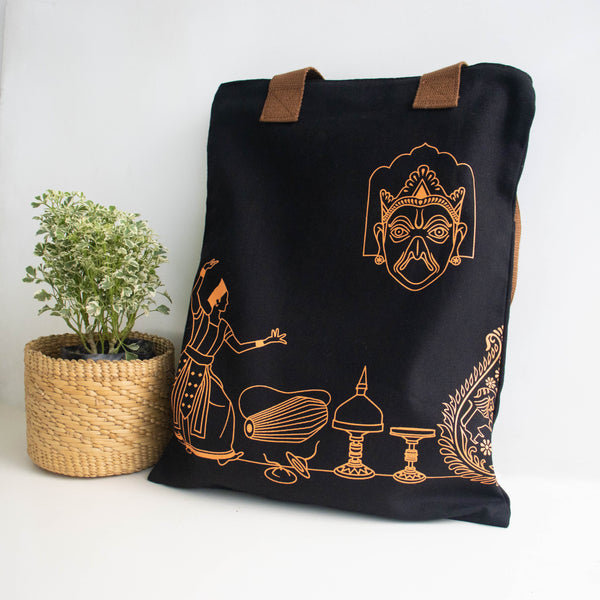 Assam's Popular Symbols Black Canvas with Orange Tote Bag