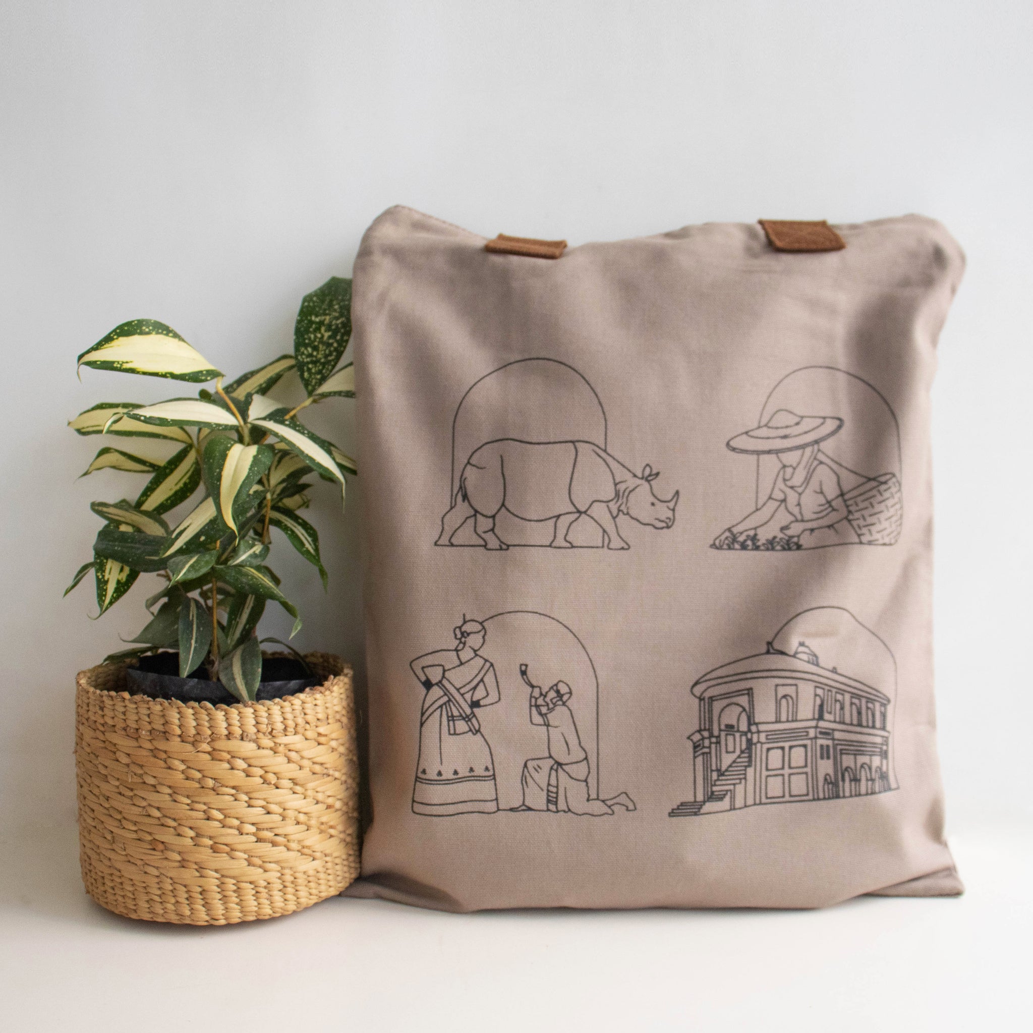 Assam's Iconic Symbols Light Brown Canvas Tote Bag