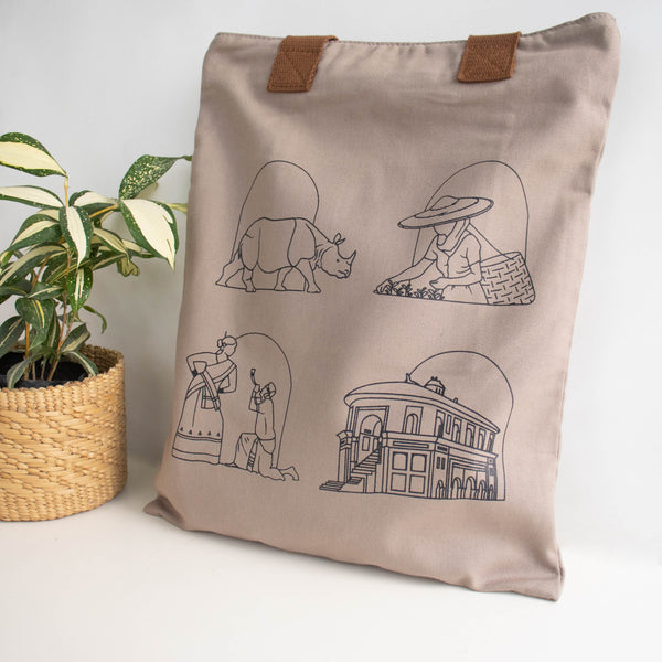 Assam's Iconic Symbols Light Brown Canvas Tote Bag