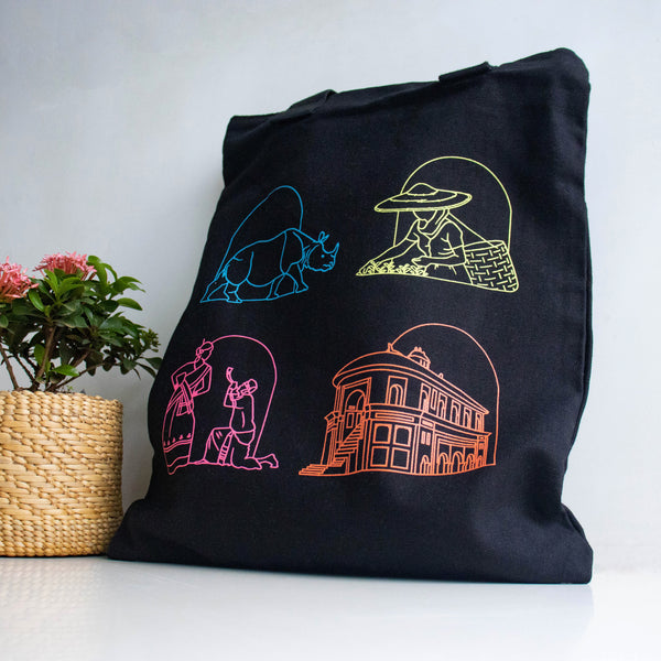 Assam's Iconic Symbols Black Canvas Tote Bag