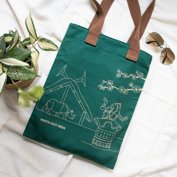 North-East India's Iconic Symbols Forest Green Canvas Tote Bag