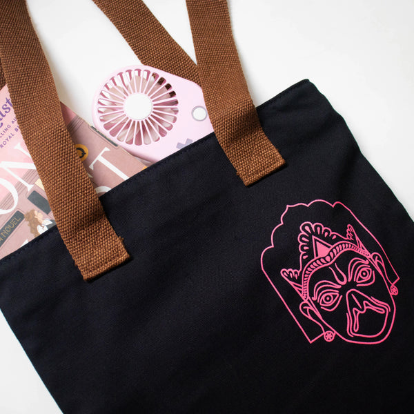 Assam's Popular Symbols Black Canvas with Pink Print Tote Bag