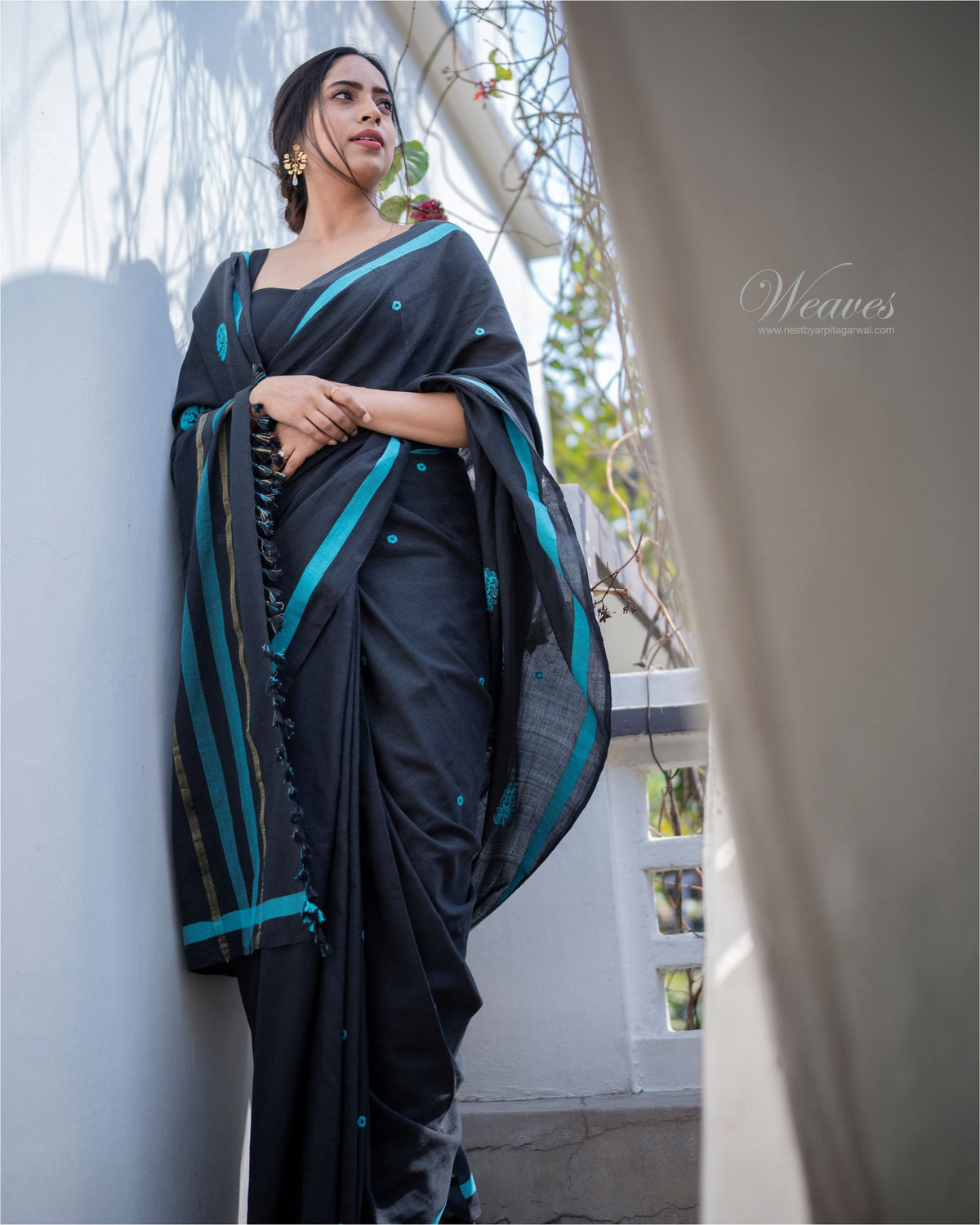 Onyx Black Teal with Rang Motif Cotton Sari - NEST by Arpit Agarwal