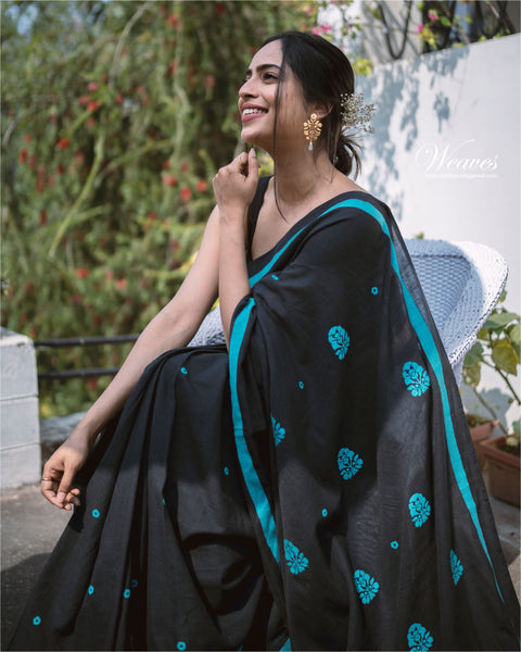 Onyx Black Teal with Rang Motif Cotton Sari