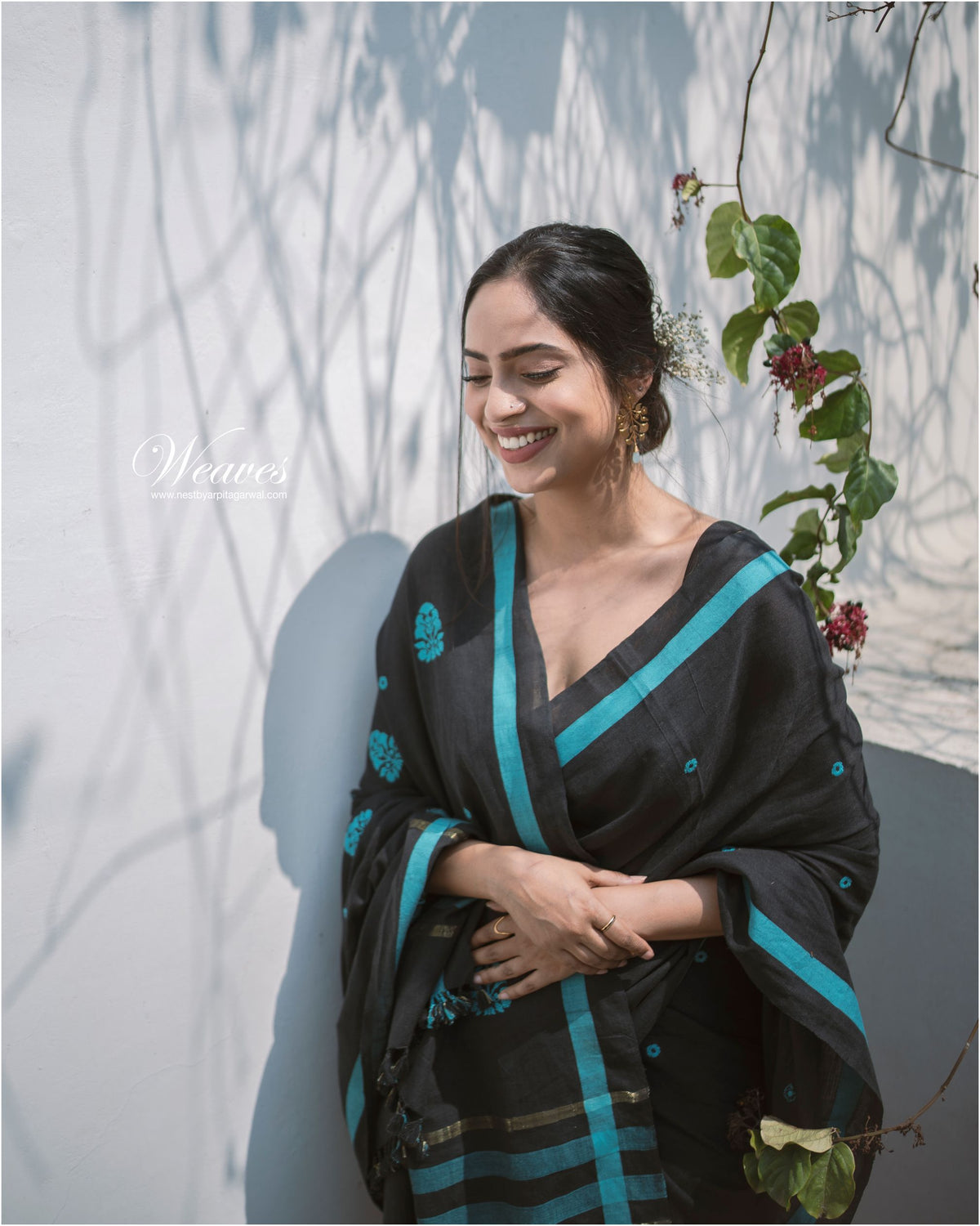 Onyx Black Teal with Rang Motif Cotton Sari - NEST by Arpit Agarwal