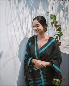 Onyx Black Teal with Rang Motif Cotton Sari