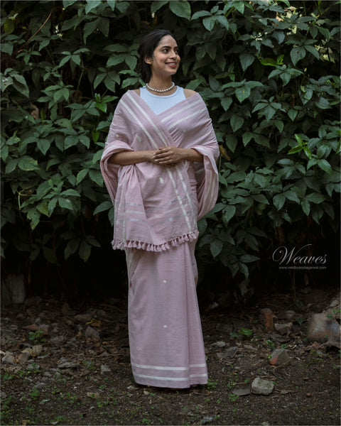 Pale Pink with Bihu Dance Motif Cotton Sari