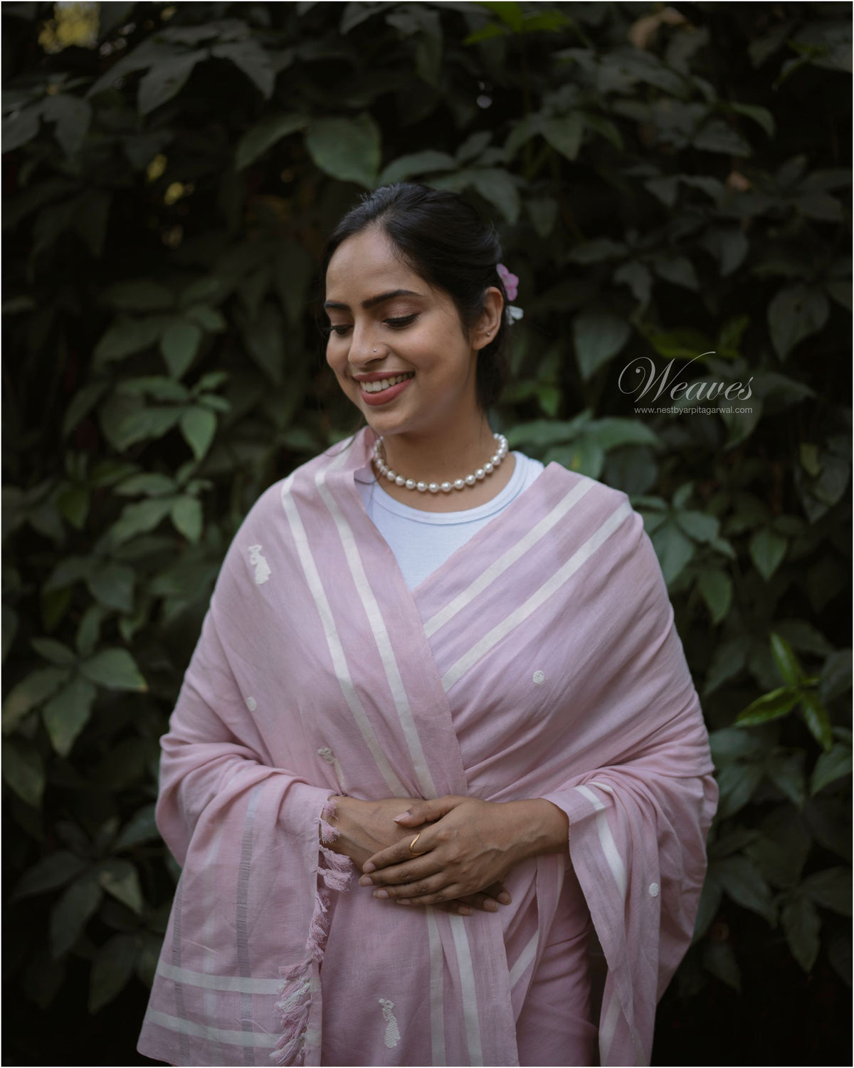 Pale Pink with Bihu Dance Motif Cotton Sari - NEST by Arpit Agarwal