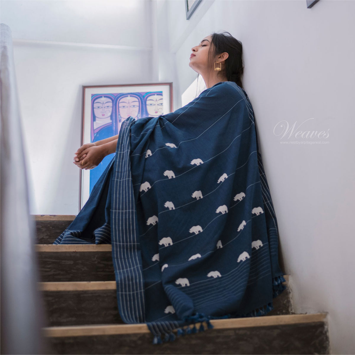 Midnight Blue with Rhino Motif Cotton Sari - NEST by Arpit Agarwal