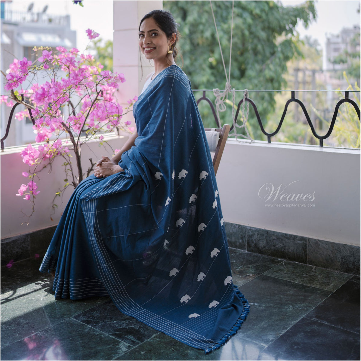 Midnight Blue with Rhino Motif Cotton Sari - NEST by Arpit Agarwal