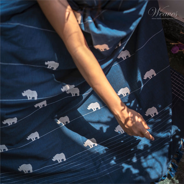 Midnight Blue with Rhino Motif Cotton Sari