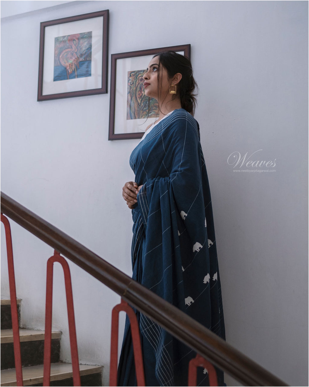 Midnight Blue with Rhino Motif Cotton Sari