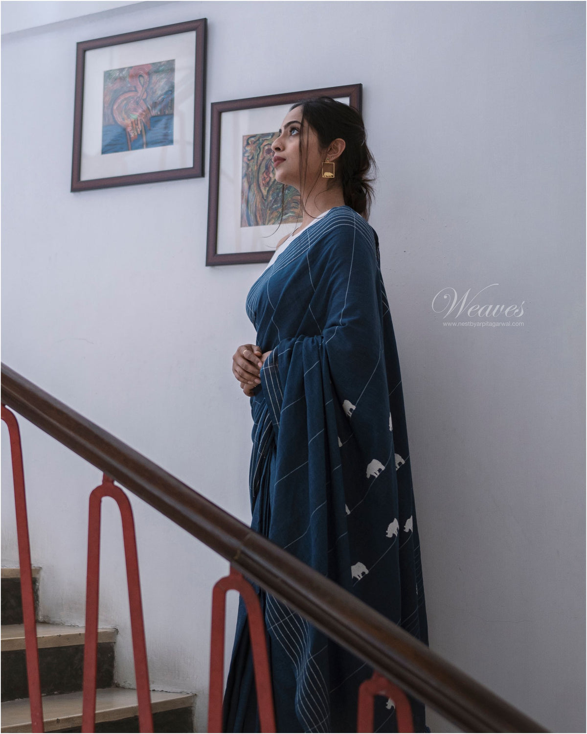 Midnight Blue with Rhino Motif Cotton Sari - NEST by Arpit Agarwal