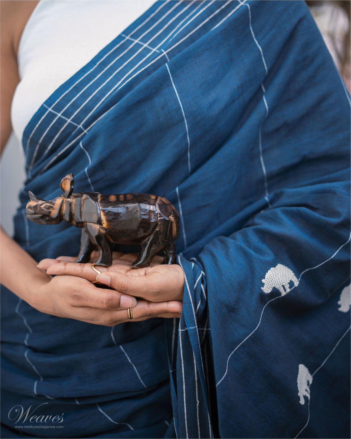 Midnight Blue with Rhino Motif Cotton Sari - NEST by Arpit Agarwal