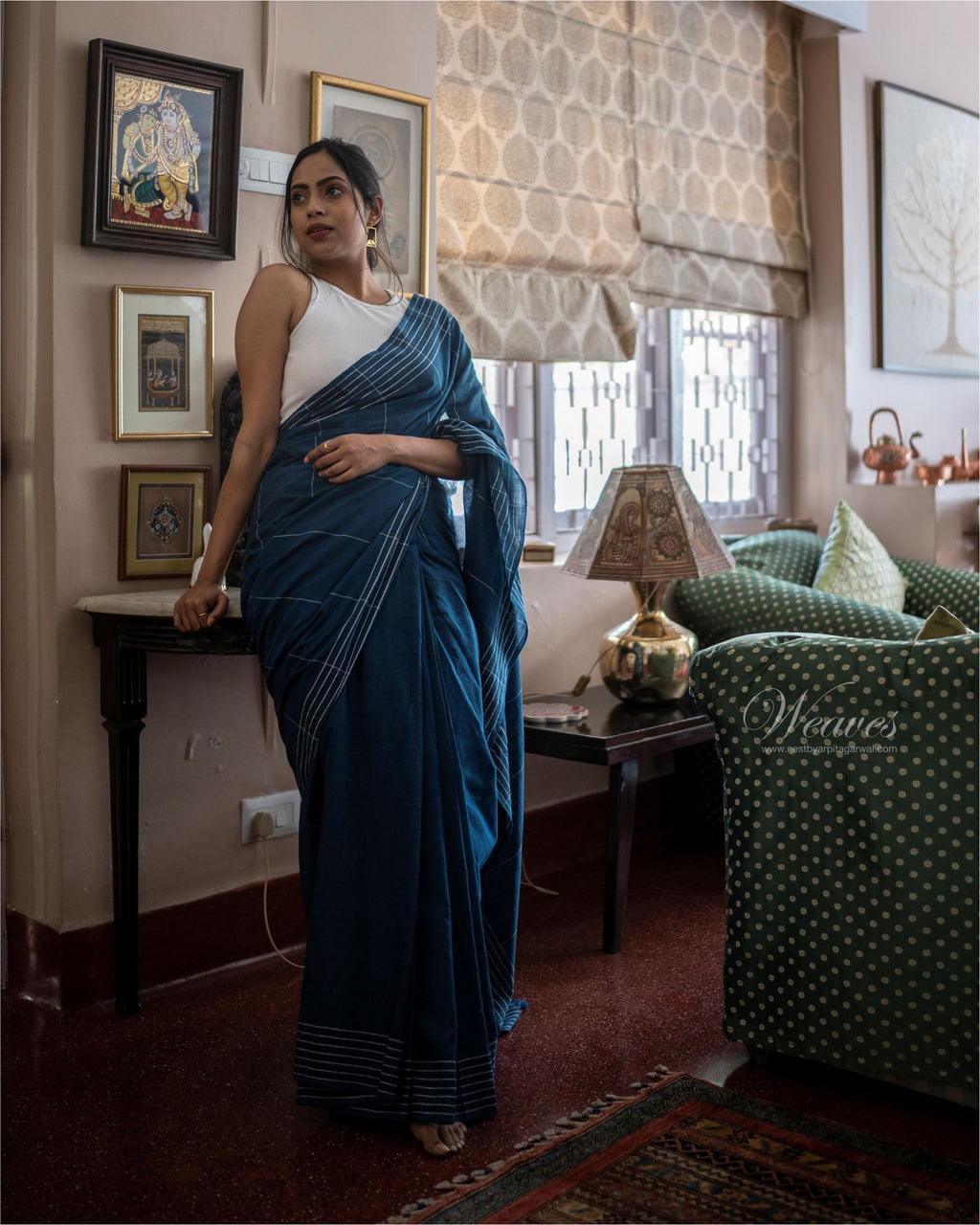 Midnight Blue with Rhino Motif Cotton Sari