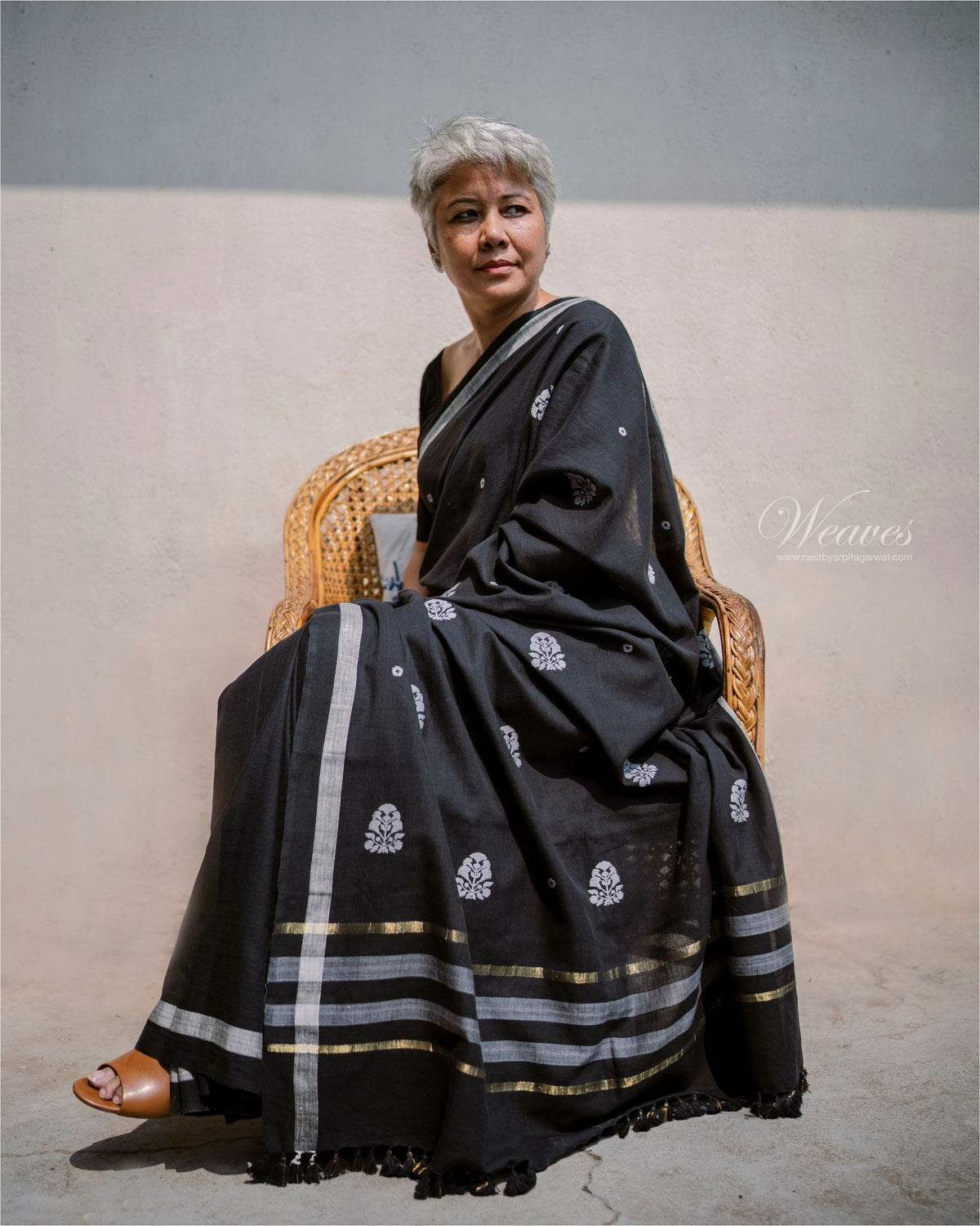 Onyx Black Grey with Rang Motif Cotton Sari - NEST by Arpit Agarwal
