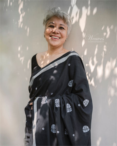 Onyx Black Grey with Rang Motif Cotton Sari