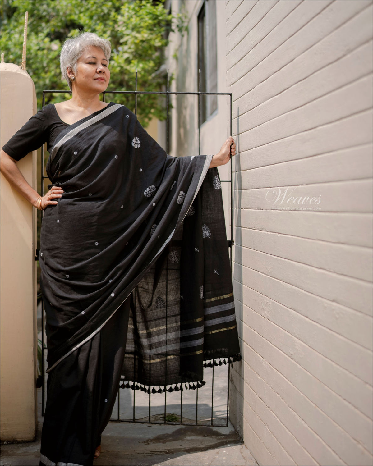 Onyx Black Grey with Rang Motif Cotton Sari - NEST by Arpit Agarwal
