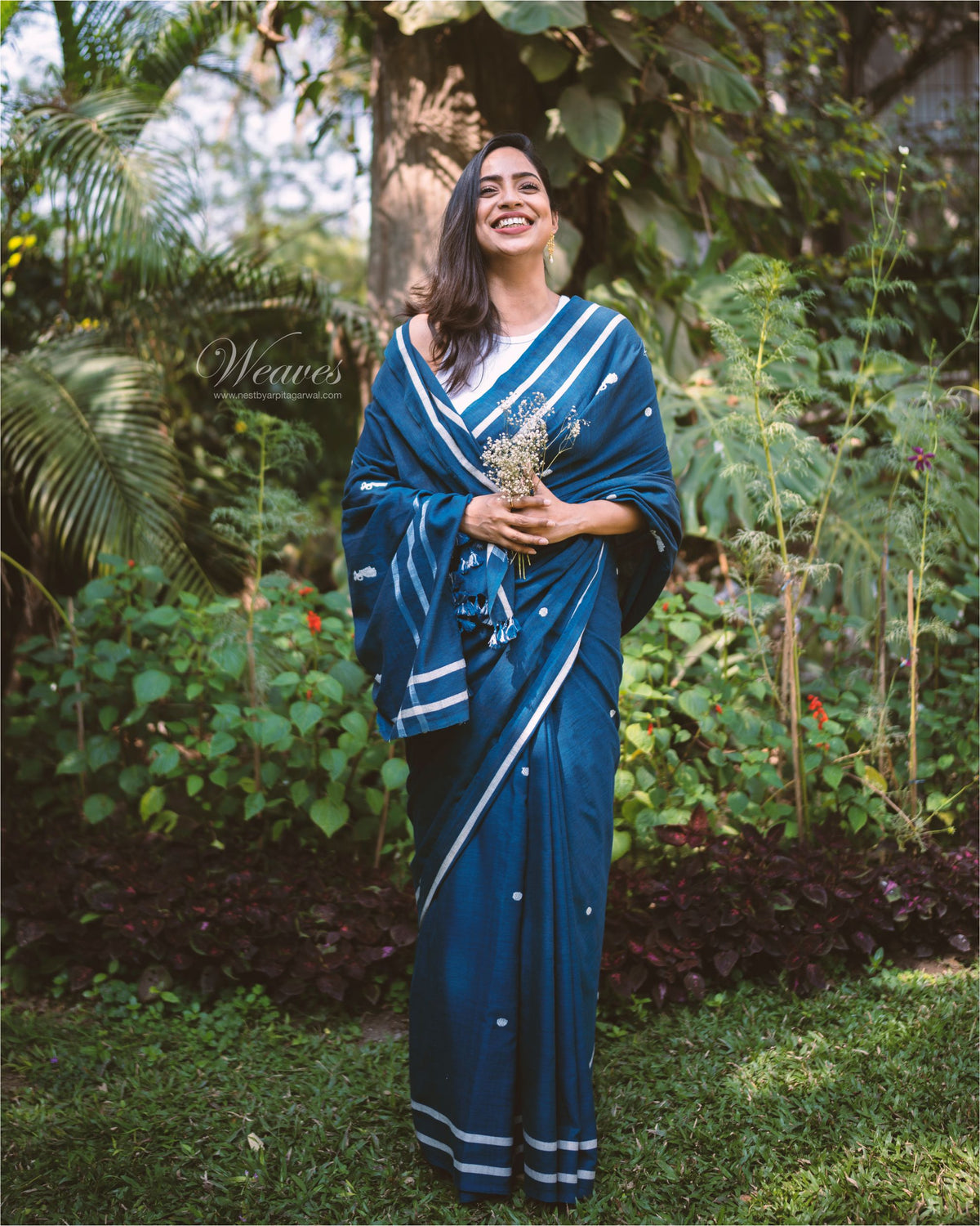 Midnight Blue with Bihu Dance Motif Cotton Sari
