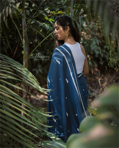 Midnight Blue with Bihu Dance Motif Cotton Sari