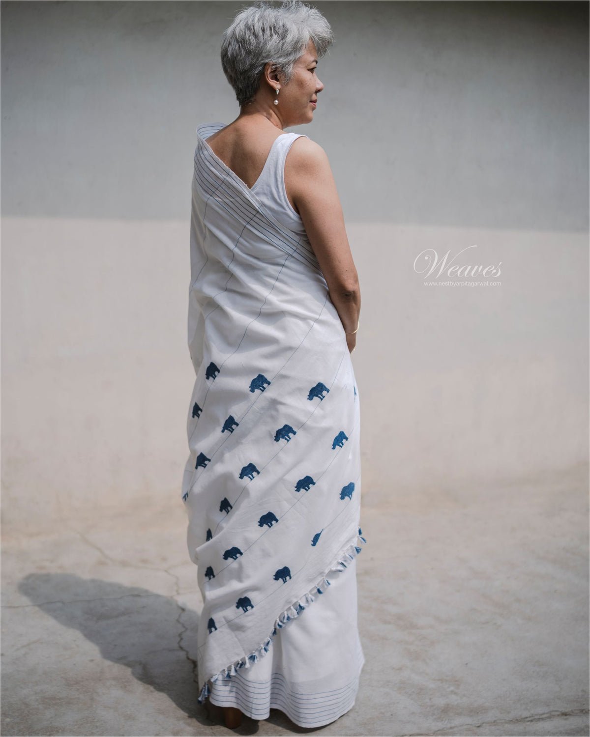 Snow White with Rhino Motif Cotton Sari - NEST by Arpit Agarwal