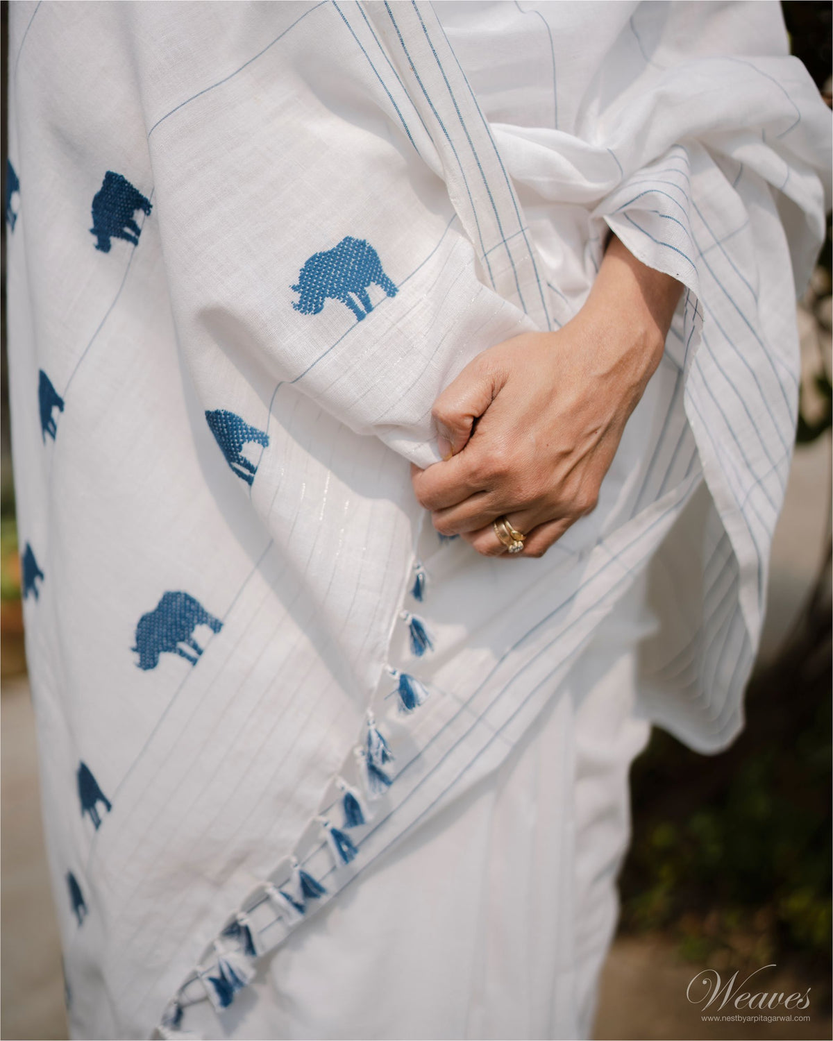 Snow White with Rhino Motif Cotton Sari - NEST by Arpit Agarwal