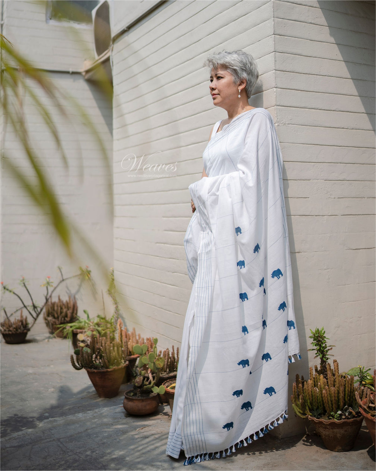 Snow White with Rhino Motif Cotton Sari - NEST by Arpit Agarwal