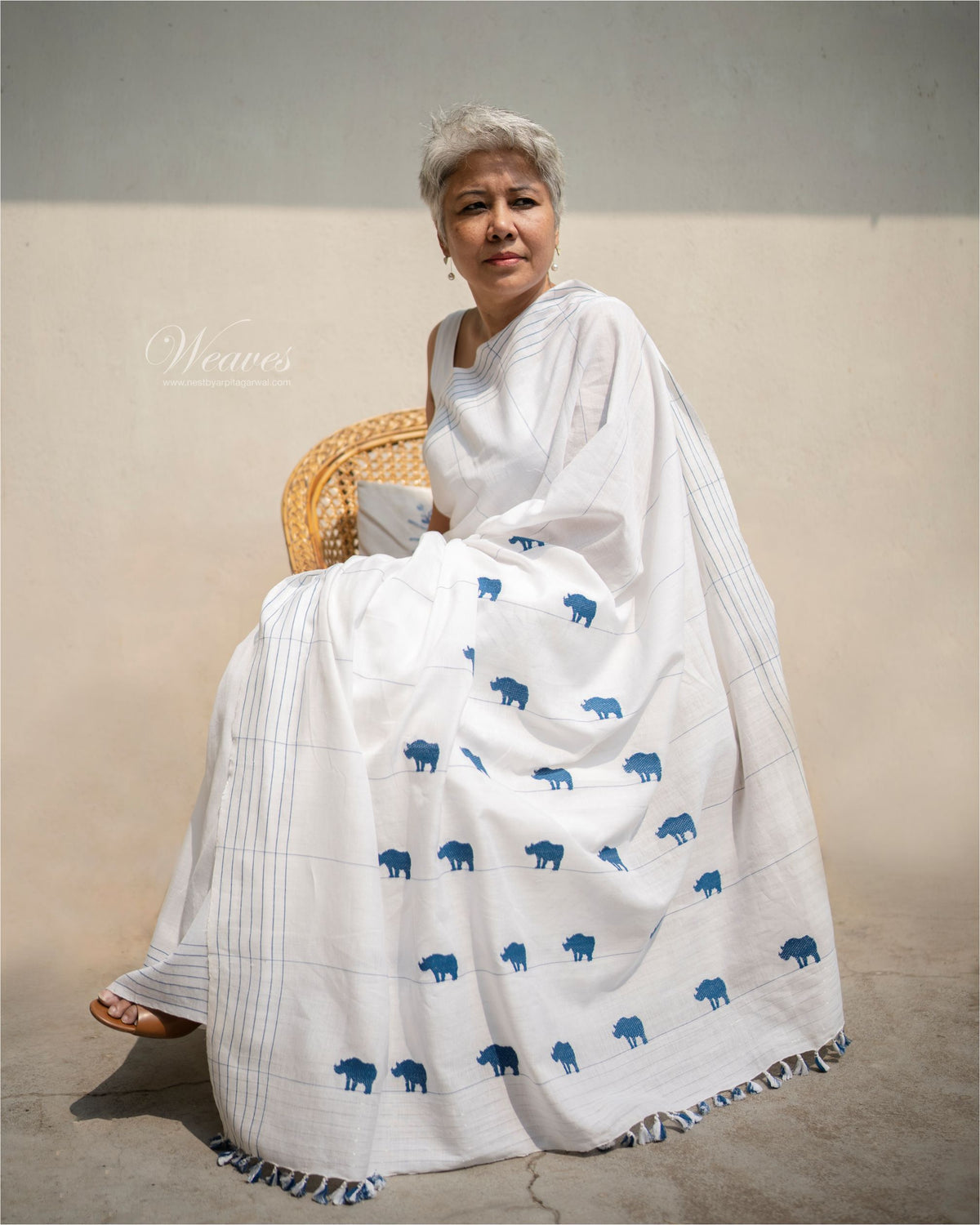 Snow White with Rhino Motif Cotton Sari - NEST by Arpit Agarwal