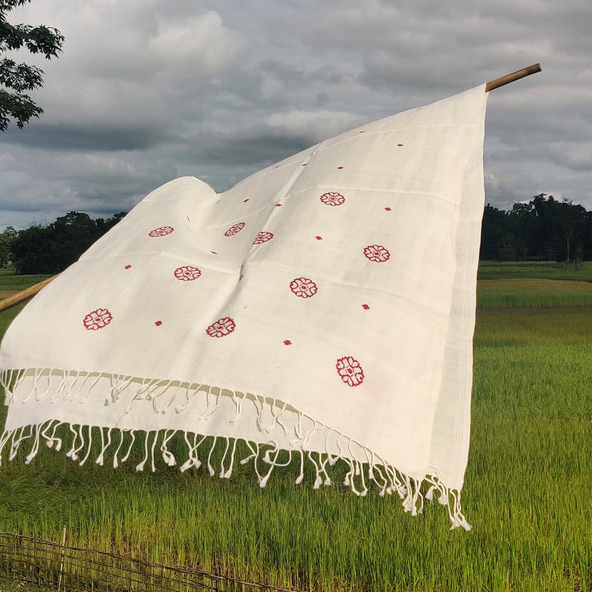 Pearl White Xopun Pattern Cotton Stole - NEST by Arpit Agarwal