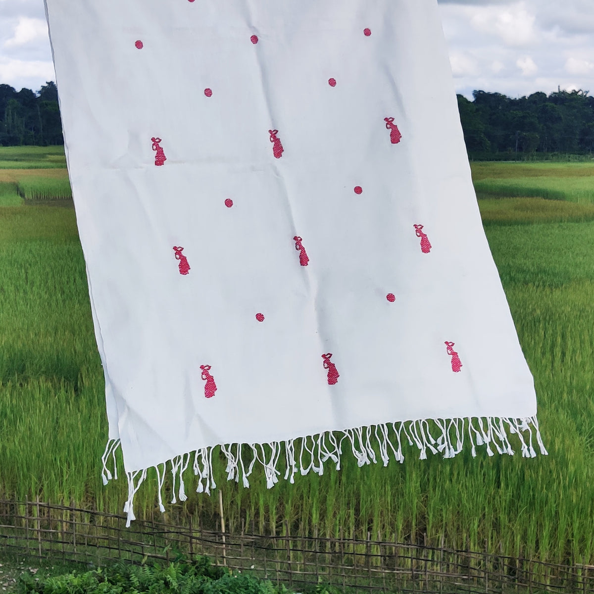 Pearl White Bihu Pattern Cotton Stole - NEST by Arpit Agarwal