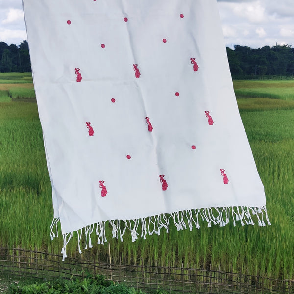 Pearl White Bihu Pattern Cotton Stole