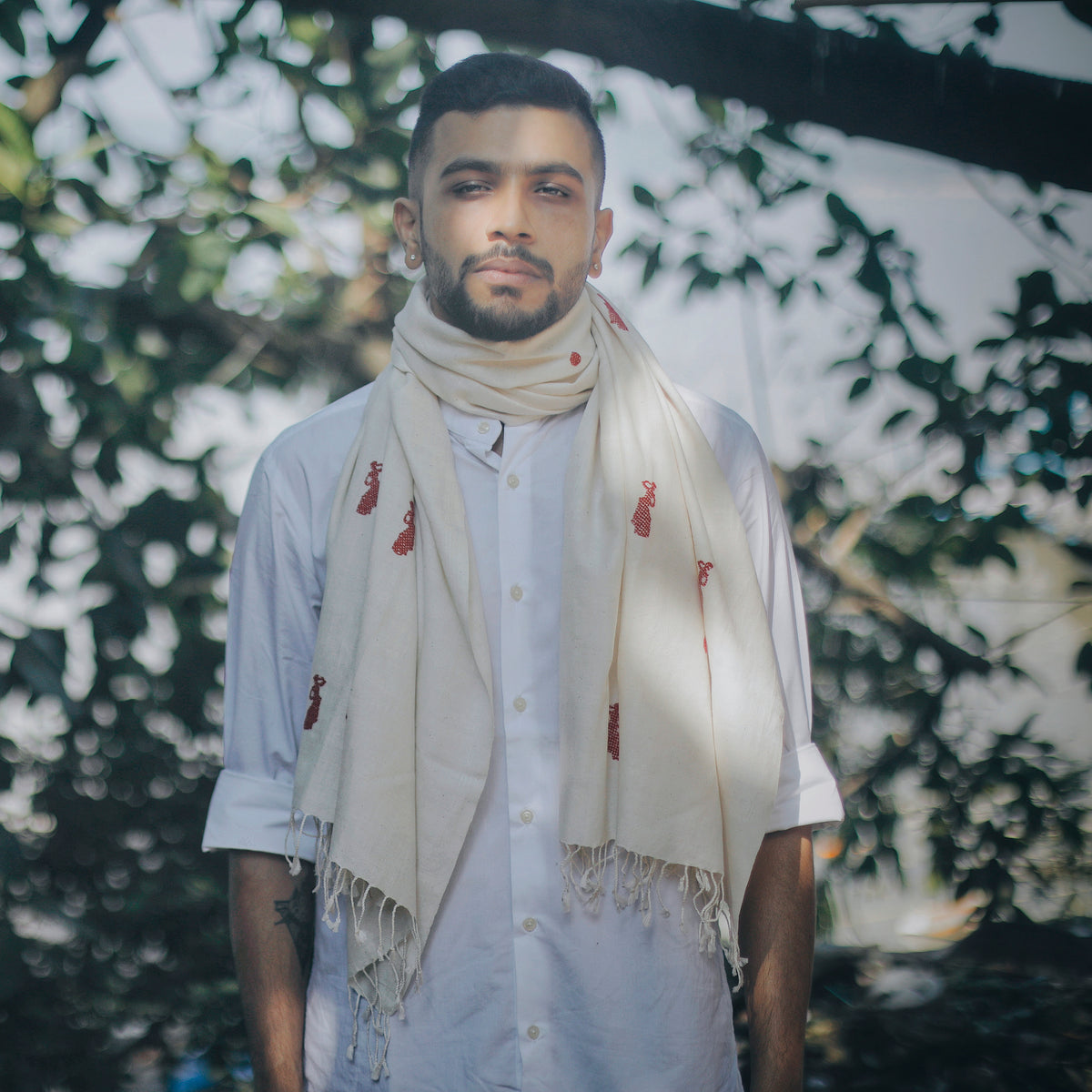 Pearl White Bihu Pattern Cotton Stole - NEST by Arpit Agarwal