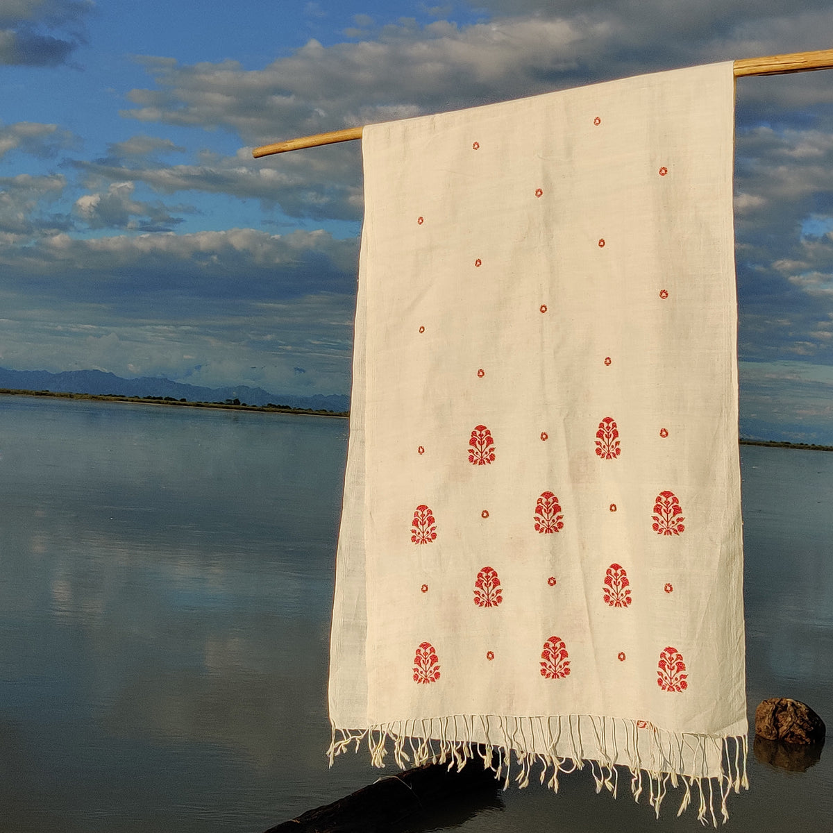 Pearl White Ranghar Pattern Cotton Stole - NEST by Arpit Agarwal