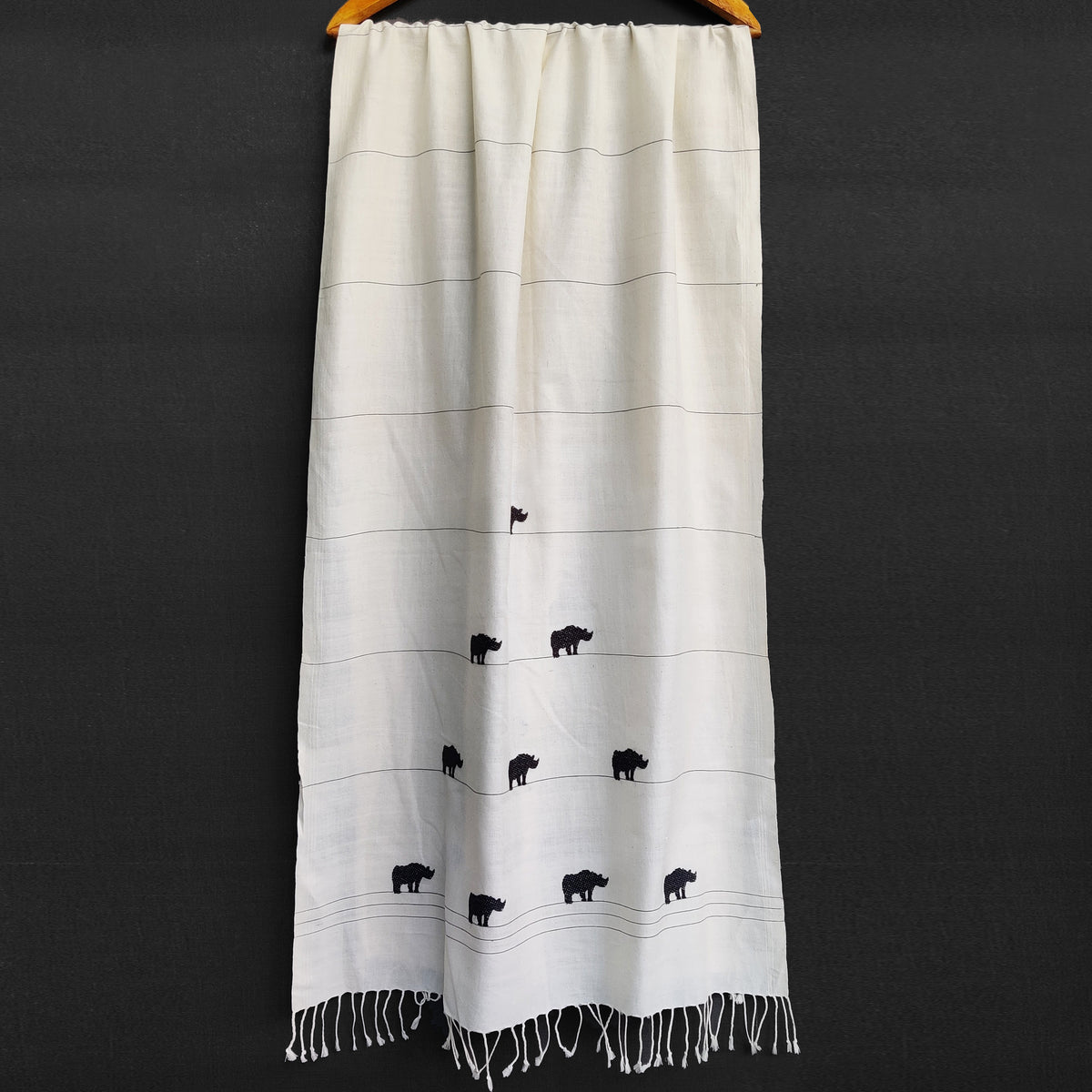 Ivory White Rhino Pattern Cotton Stole - NEST by Arpit Agarwal