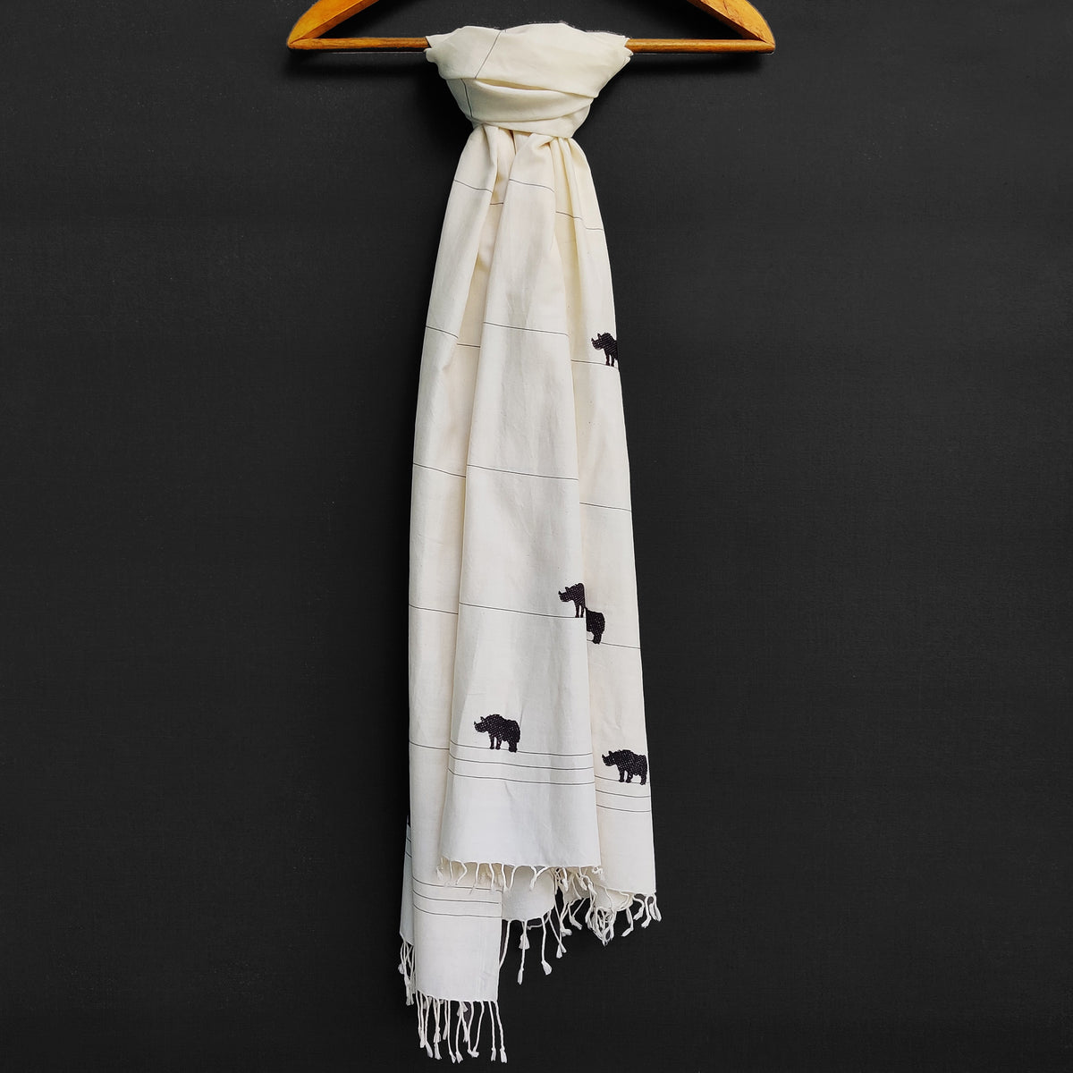 Ivory White Rhino Pattern Cotton Stole - NEST by Arpit Agarwal