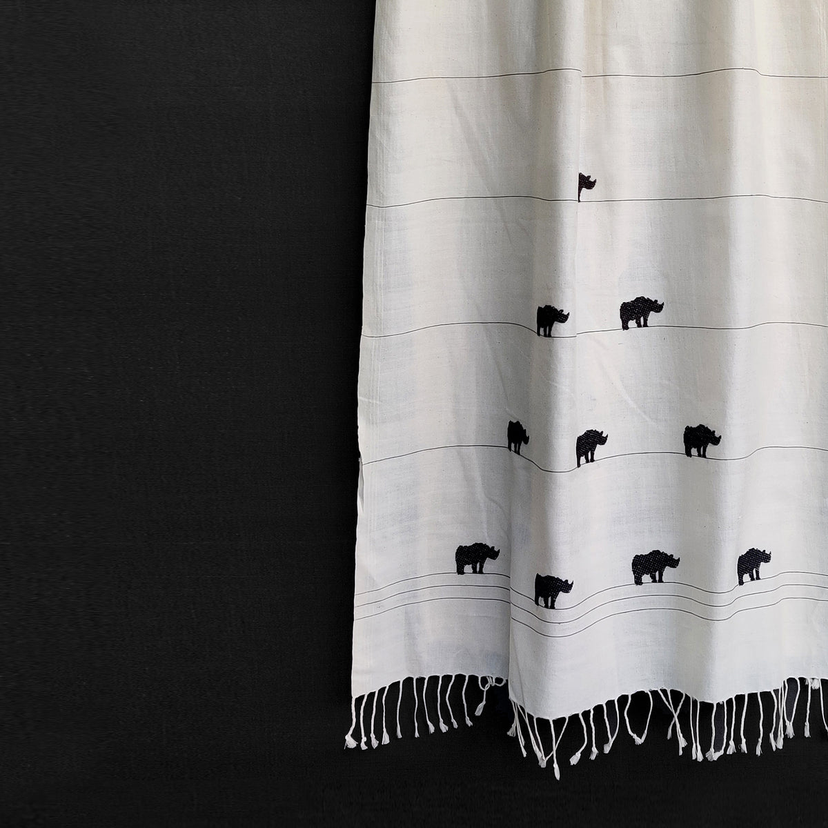 Ivory White Rhino Pattern Cotton Stole - NEST by Arpit Agarwal